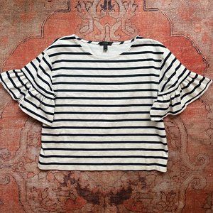 JCrew Blue and White Striped Flutter Sleeve Cotton Tshirt, Size L